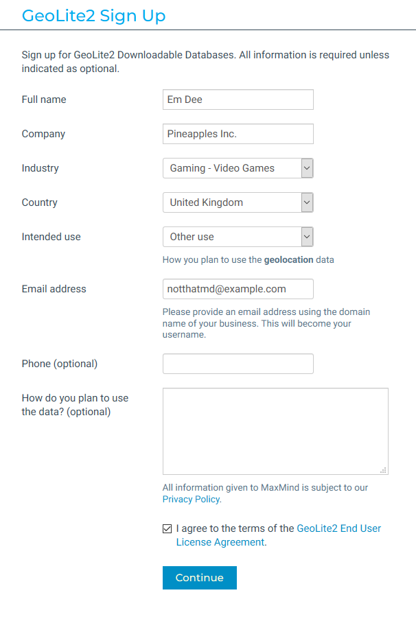 An example of a filled-in signup form. Note that providing your phone number is optional.